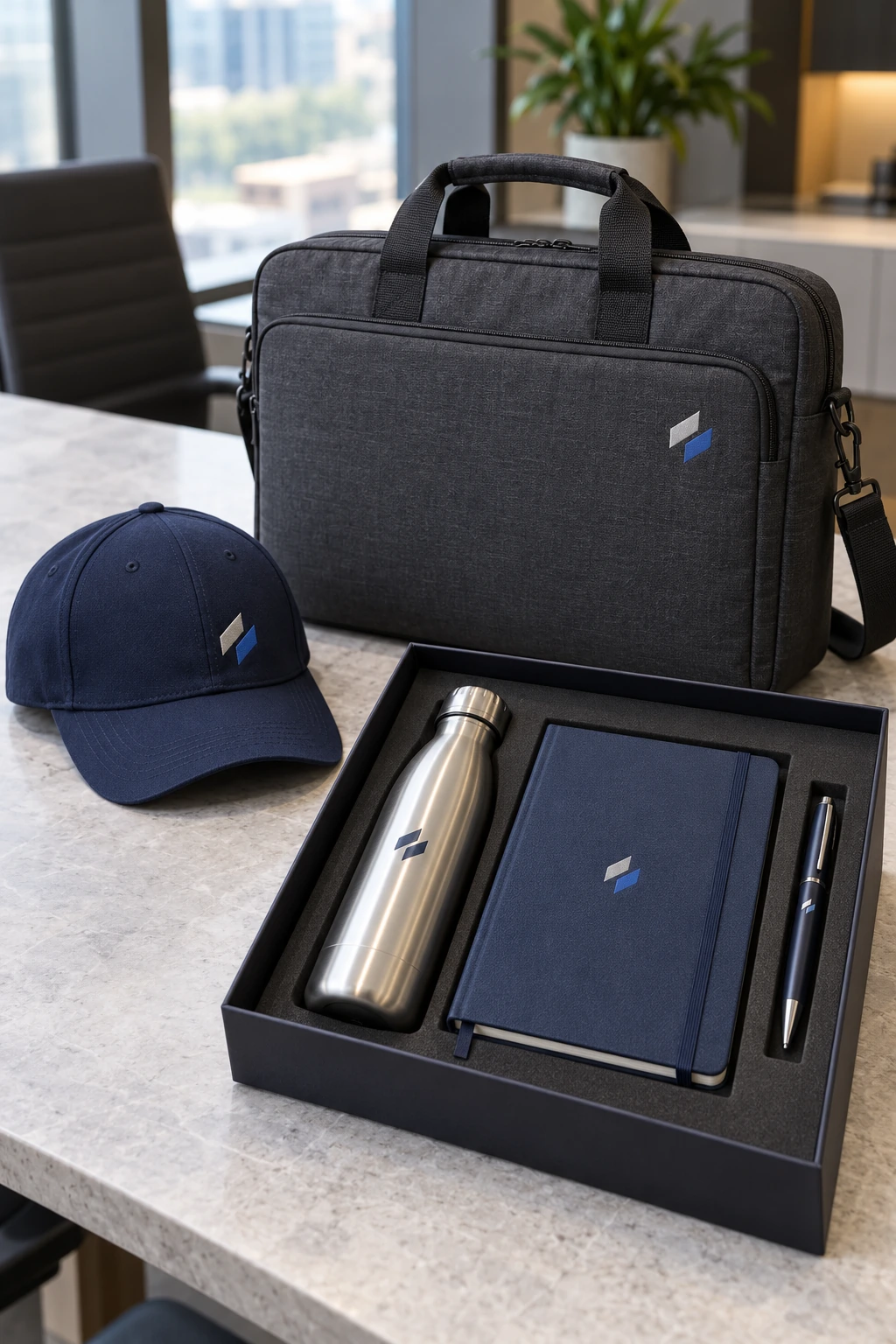 Corporate merchandise set with a laptop bag, cap, bottle, notebook and pen