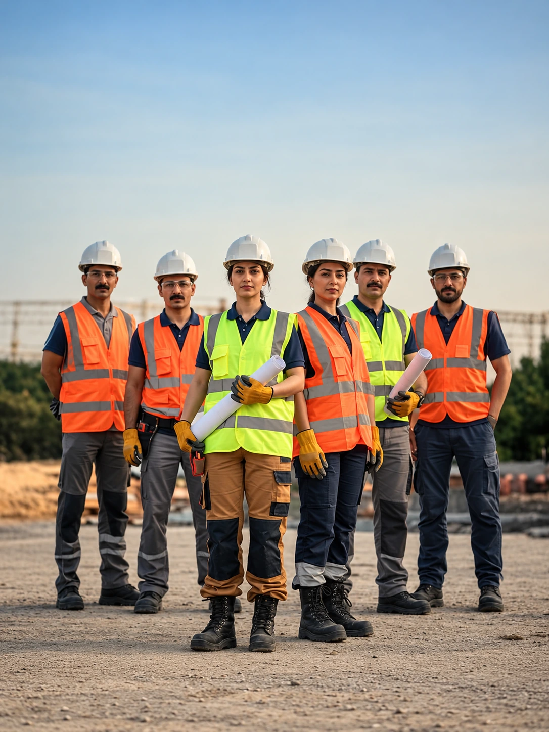 Industrial employees wearing company work uniforms