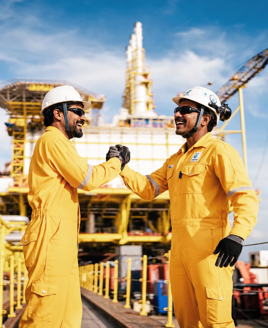 Industrial employees wearing company work uniforms