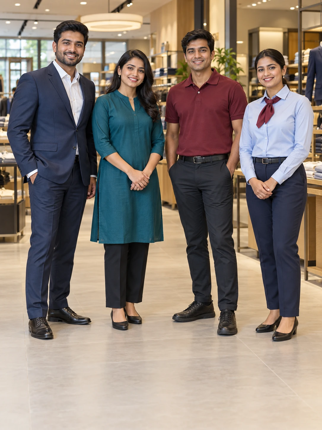 Retail staff wearing a suit, kurti, polo and formal shirt with scarf