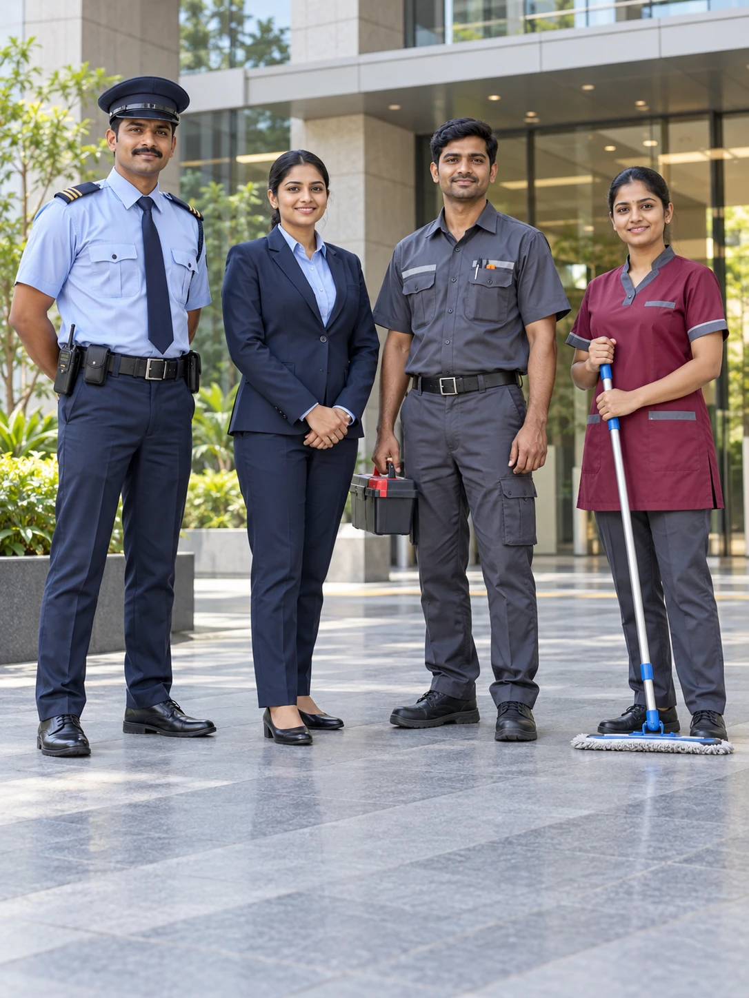 Security, maintenance and housekeeping staff in coordinated uniforms
